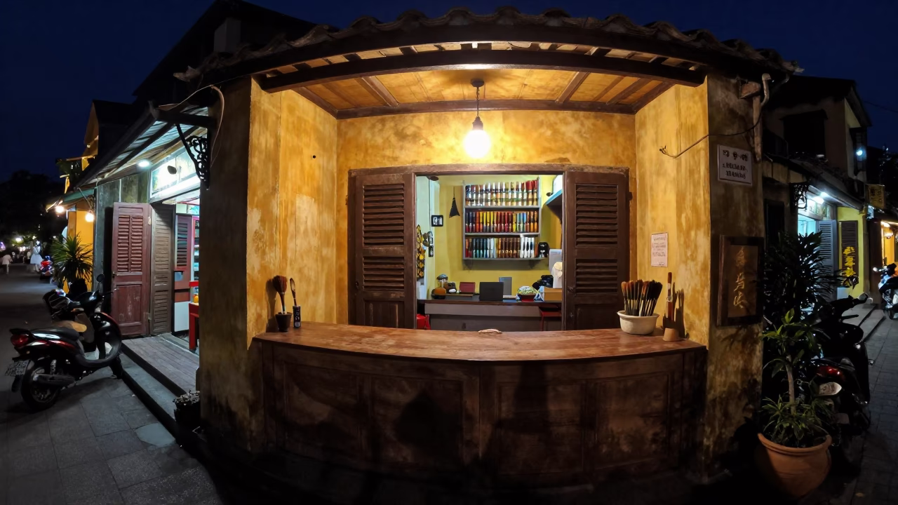 Late Night Hoi An Street Scene with Calligraphy Brush and Tea Stains in in Hoi An, Vietnam