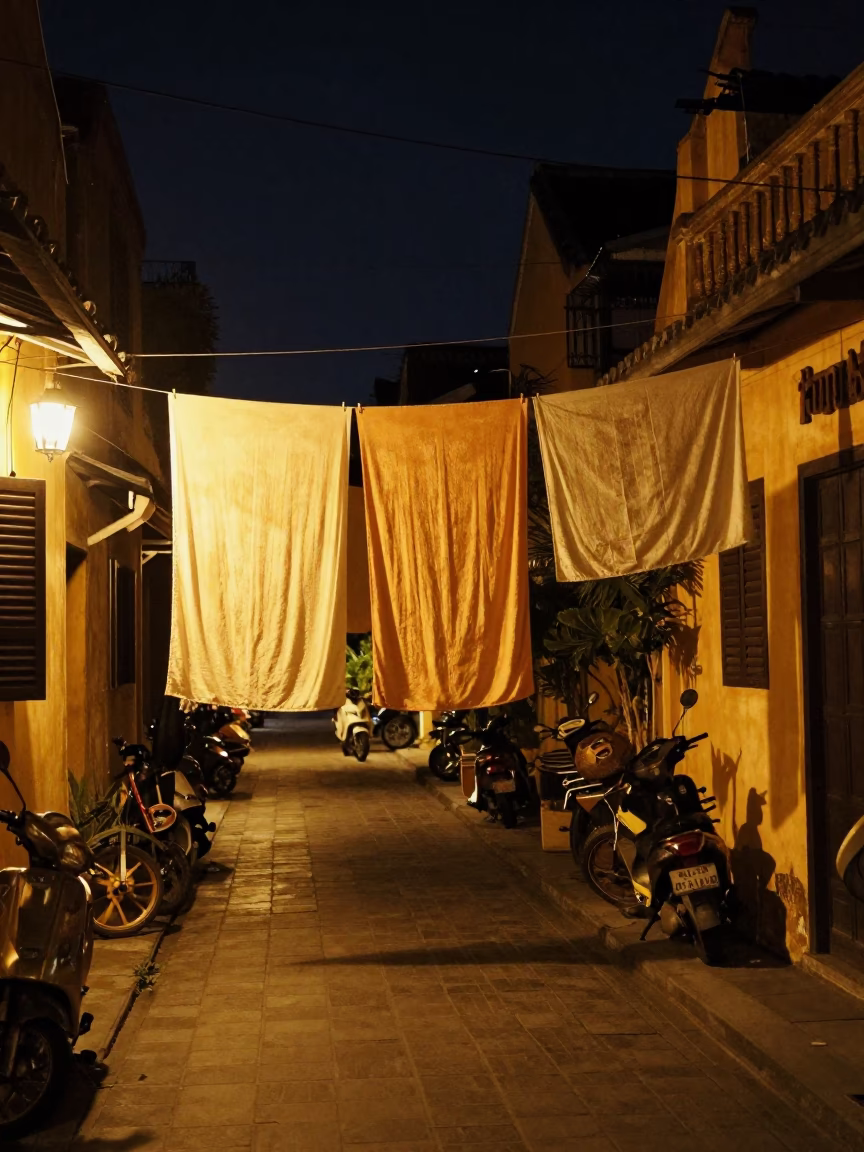 Late Night Hoi An Street Scene with Drying Towels and Tea Stains in Vietnam in in Hoi An, Vietnam