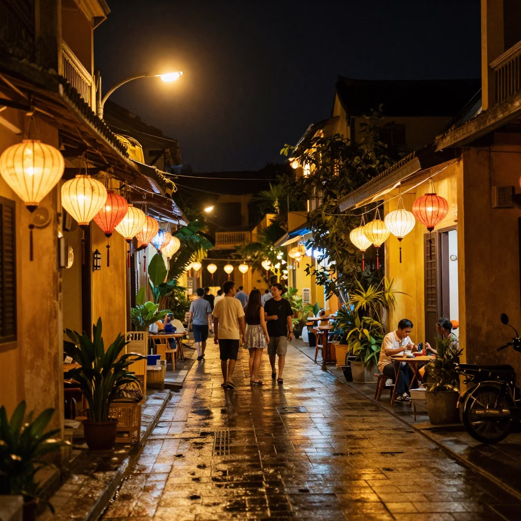 Late Night Hoi An Street Scene with Lanterns and Local Activity in in Hoi An, Vietnam