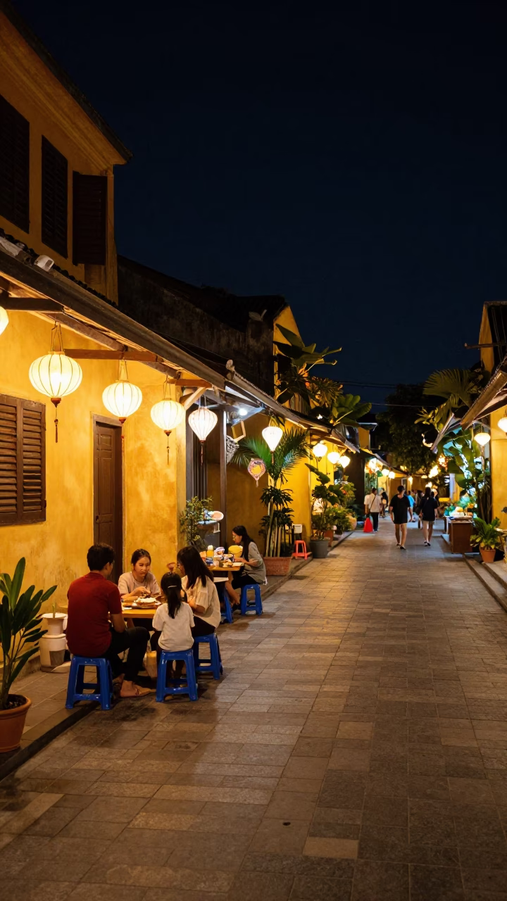 Late Night Hoi An Street Scene with Lanterns and Local Dining in in Hoi An, Vietnam