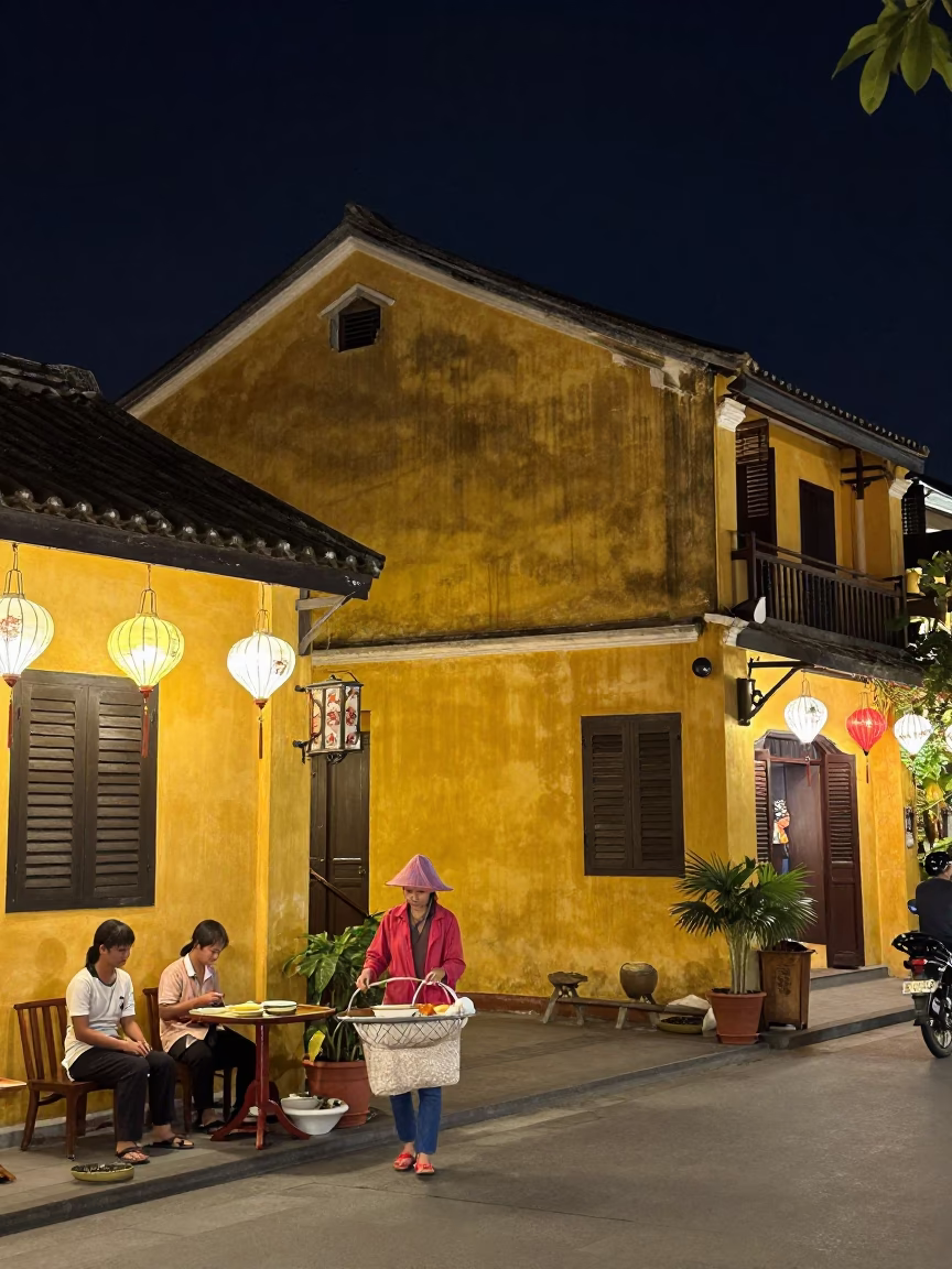 Late Night Hoi An Street Scene with Lanterns and Street Food Vendor in in Hoi An, Vietnam