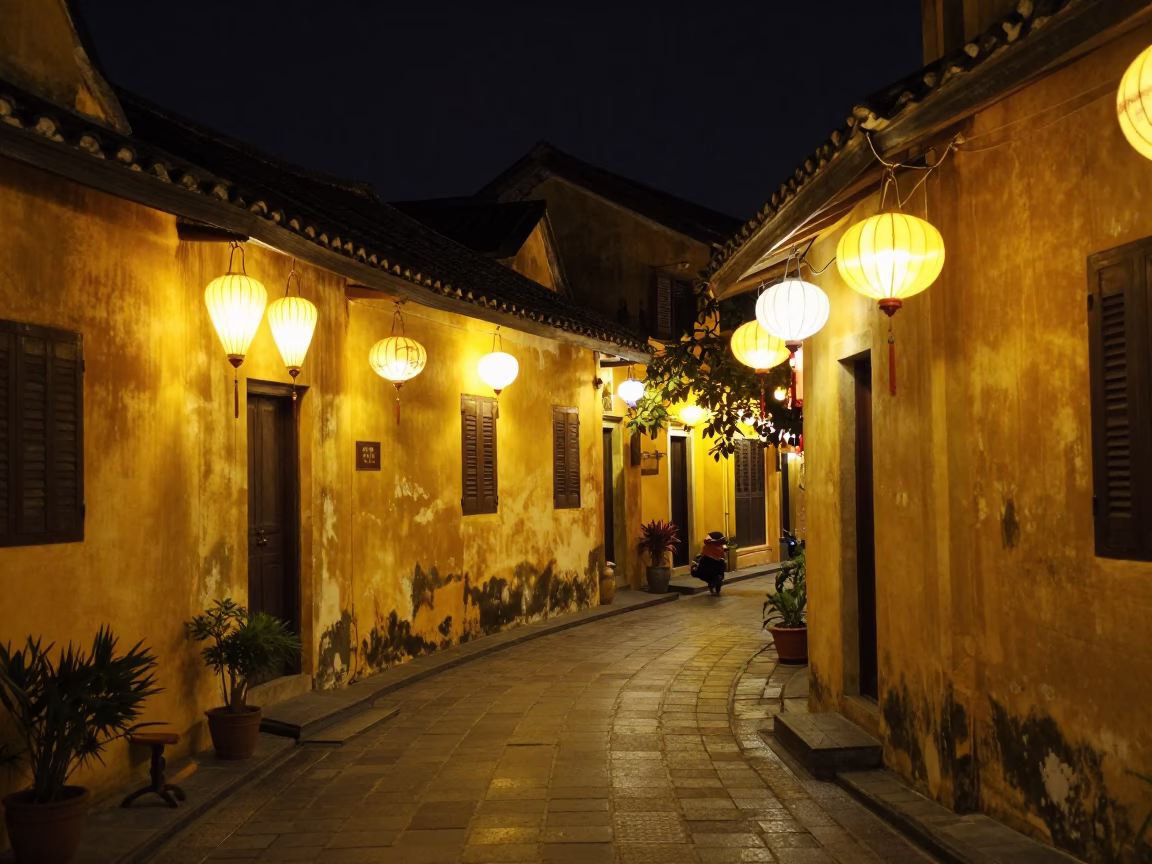 Late Night Hoi An Street Scene with Lanterns and Traditional Architecture in in Hoi An, Vietnam