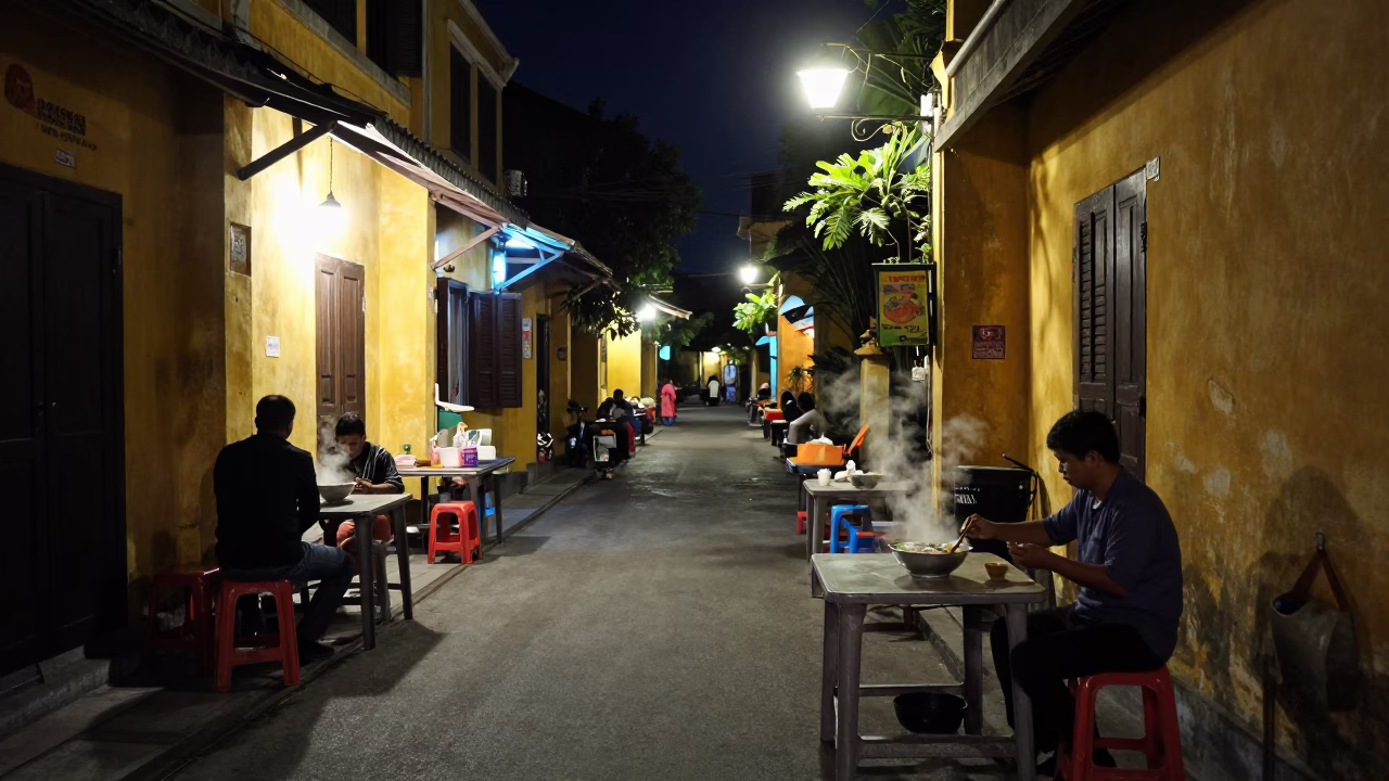 Late Night Hoi An Street Scene with Steaming Pho and Water Tower in in Hoi An, Vietnam