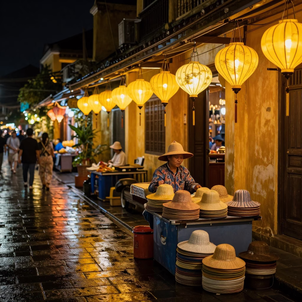 Late Night Hoi An Street Scene with Sun Hat and Lanterns in in Hoi An, Vietnam