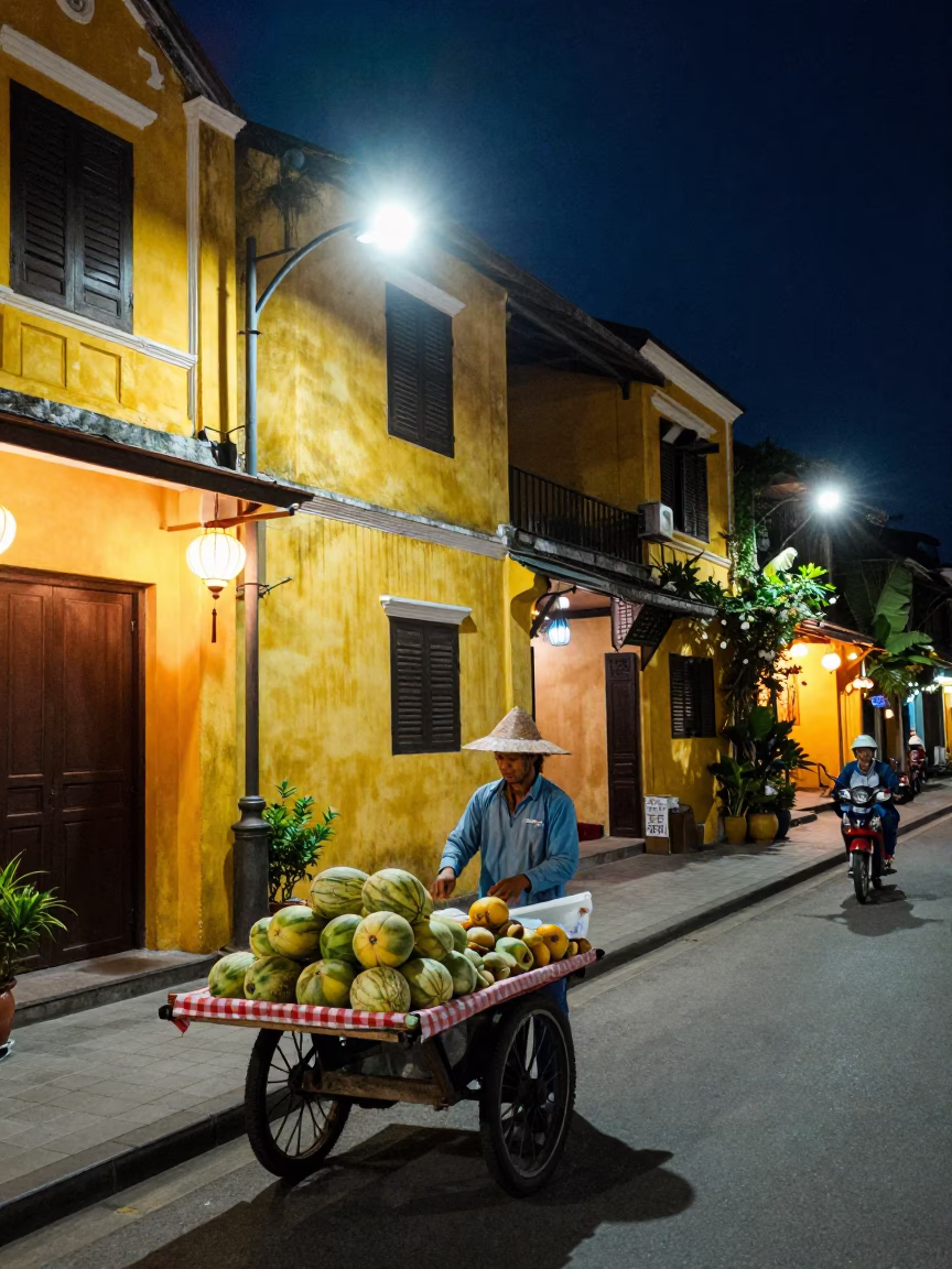 Late Night Hoi An Street Scene with Vintage Lampshade and Local Vendor in in Hoi An, Vietnam