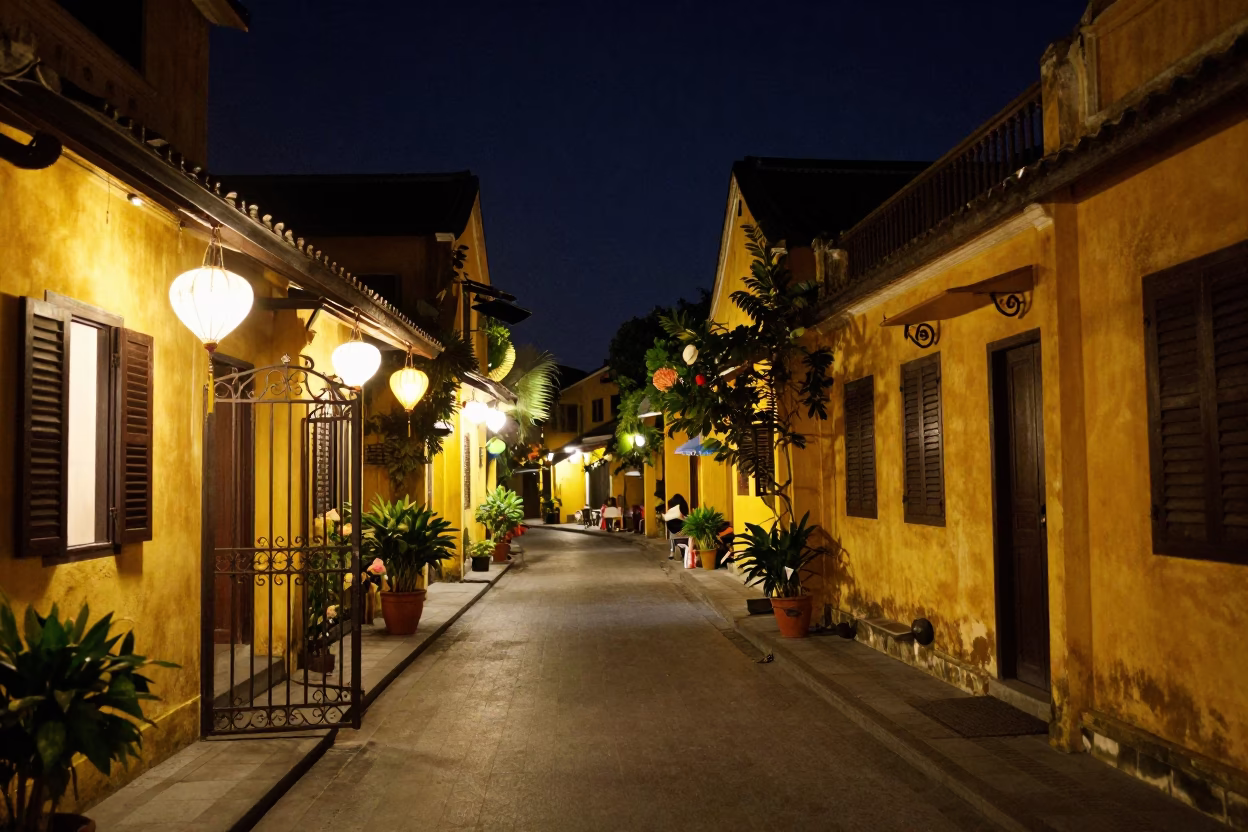Late Night Hoi An Street Scene with Window Light on Handle and Vine in in Hoi An, Vietnam