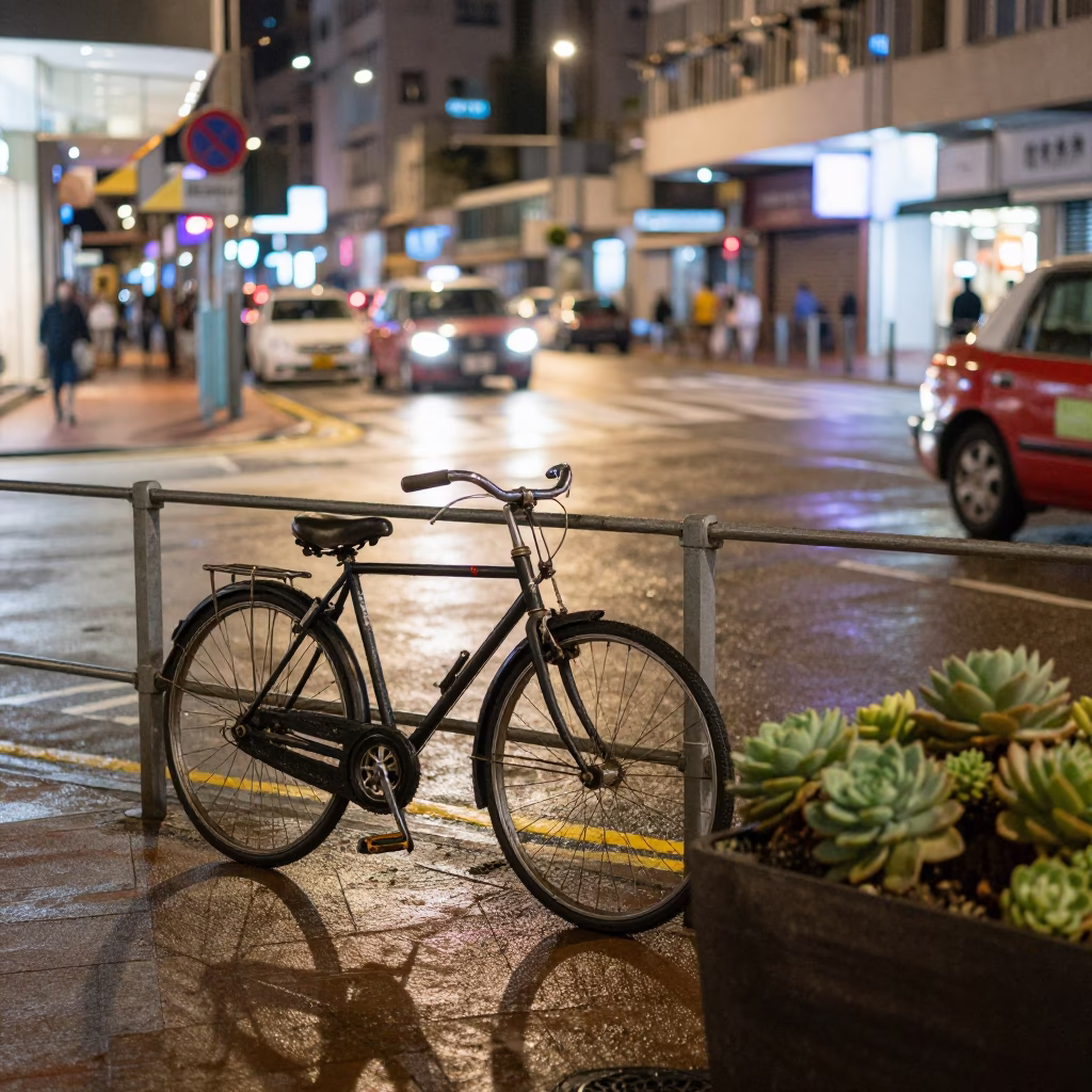 Late Night Hong Kong Street Scene with Bicycle and Succulent Wall in in Hong Kong, Hong Kong