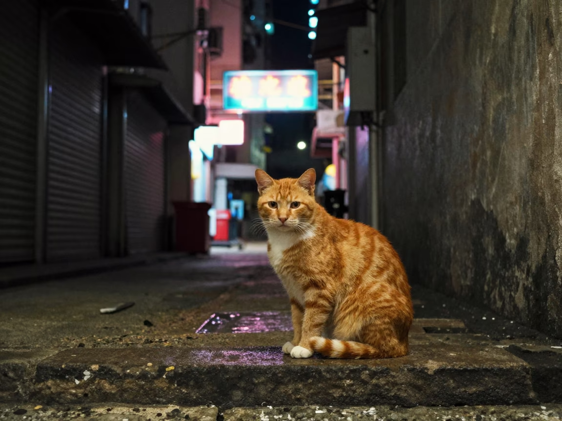 Late Night Hong Kong Street Scene with Ginger Cat and Neon Reflections in in Hong Kong, Hong Kong