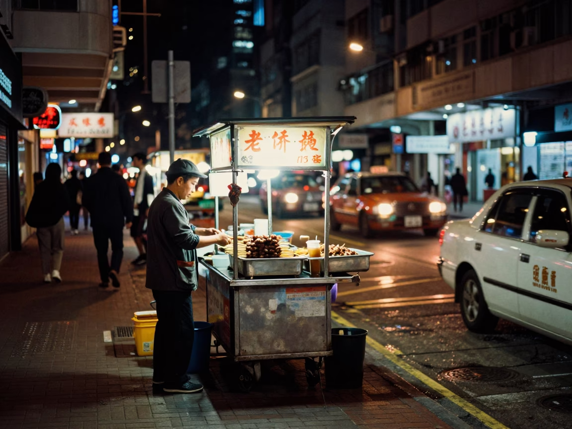 Late Night Hong Kong Street Scene with Neon Reflections and Local Vendors in in Hong Kong, Hong Kong