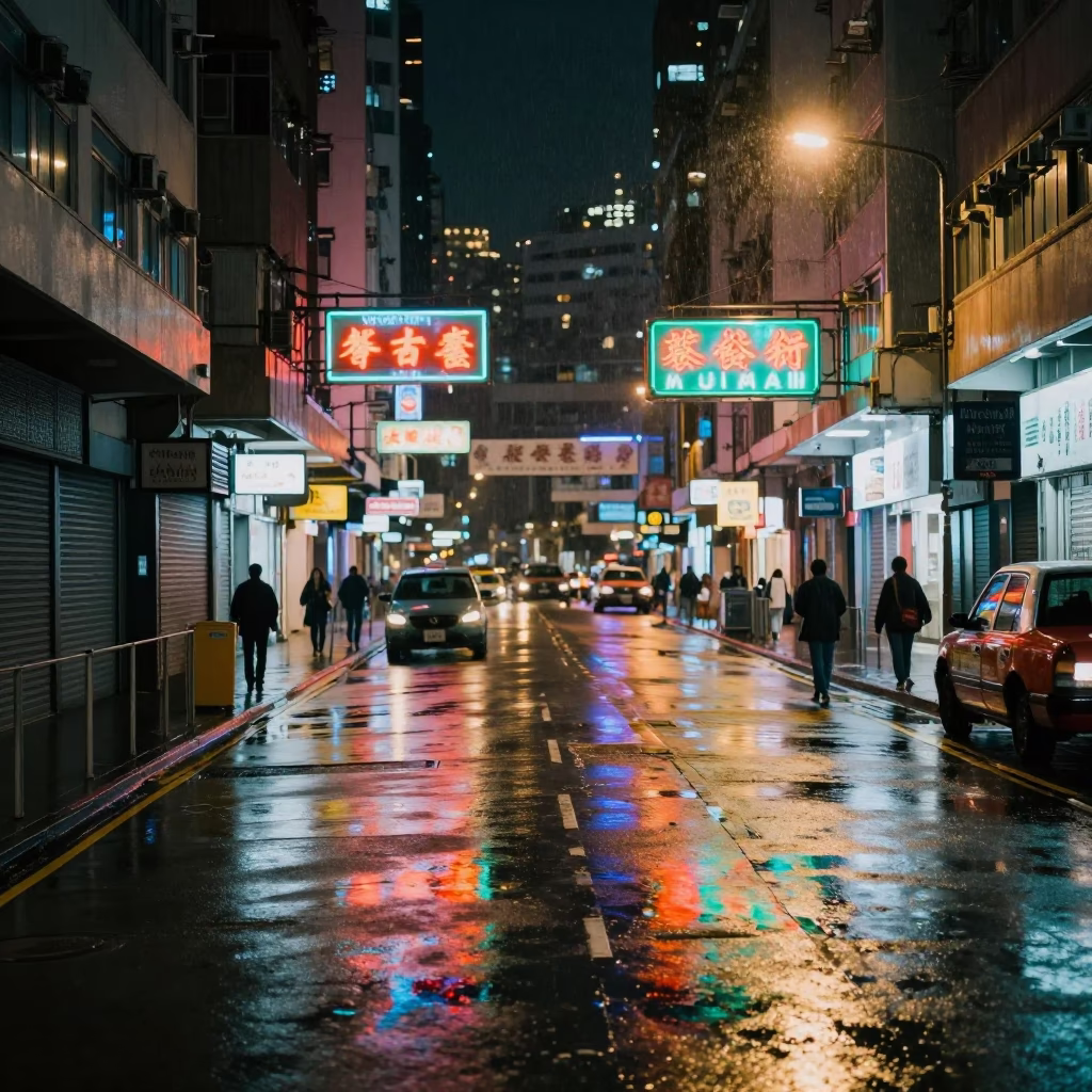 Late Night Hong Kong Street Scene with Neon Reflections and Urban Decay in in Hong Kong, Hong Kong