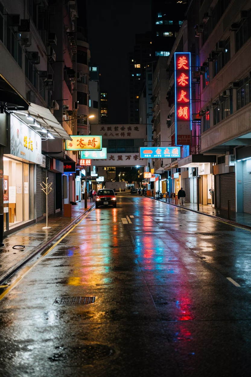 Late Night Hong Kong Street Scene with Neon Reflections and Urban Detail in in Hong Kong, Hong Kong