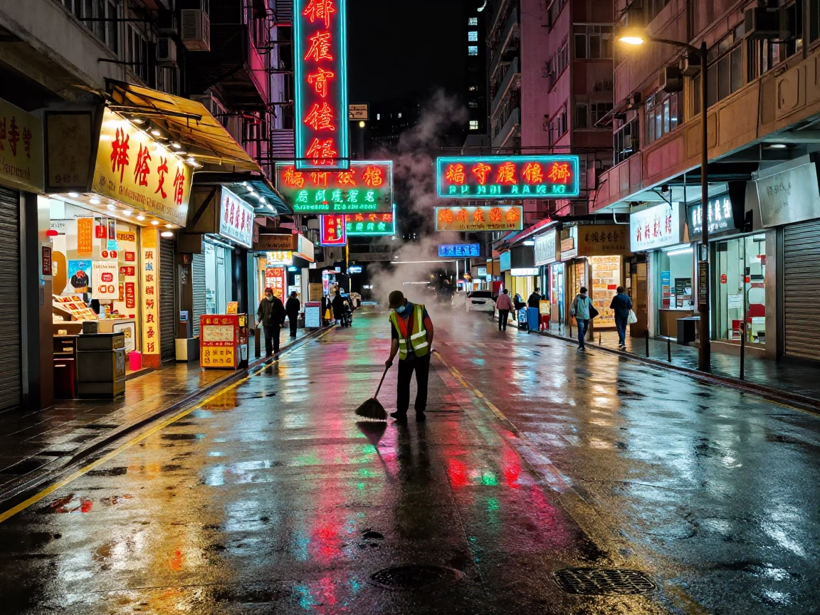 Late Night Hong Kong Street Scene with Neon Reflections and Urban Life in in Hong Kong, Hong Kong