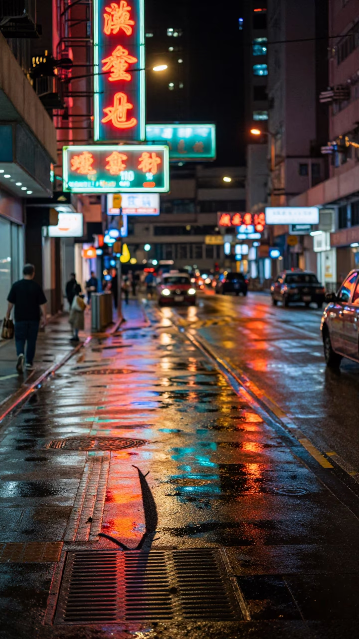 Late Night Hong Kong Street Scene with Neon Reflections and Wicker Shadow on Drain in in Hong Kong, Hong Kong