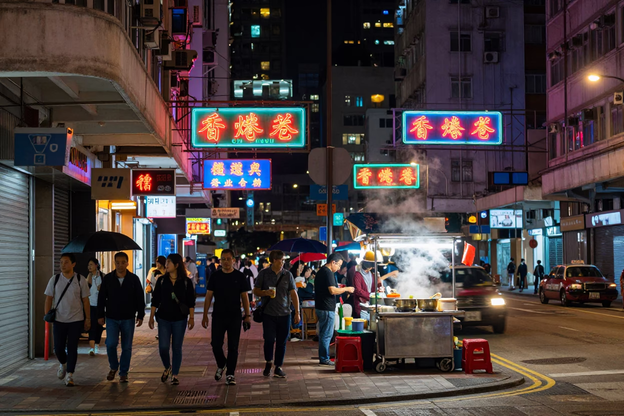 Late Night Hong Kong Street Scene with Neon Signs and Busy Pedestrians in in Hong Kong, Hong Kong
