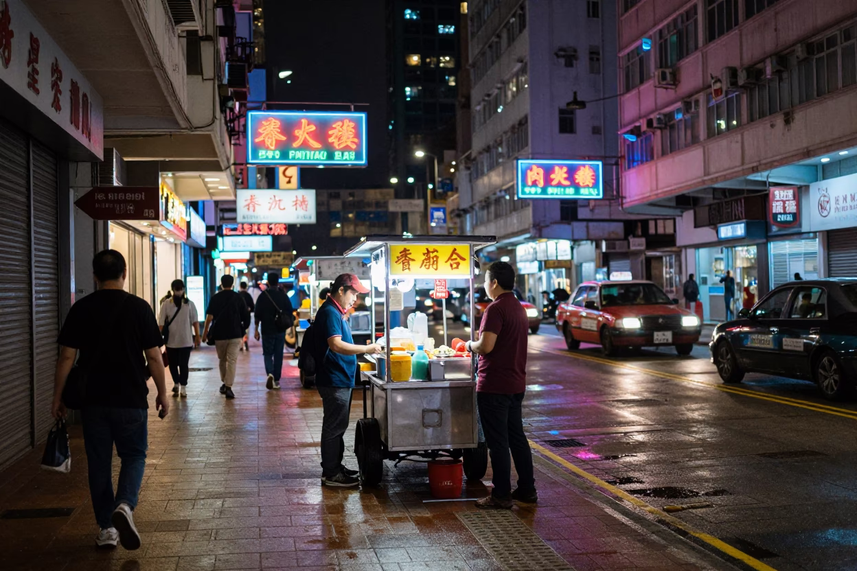 Late Night Hong Kong Street Scene with Neon Signs and Food Vendor in in Hong Kong, Hong Kong