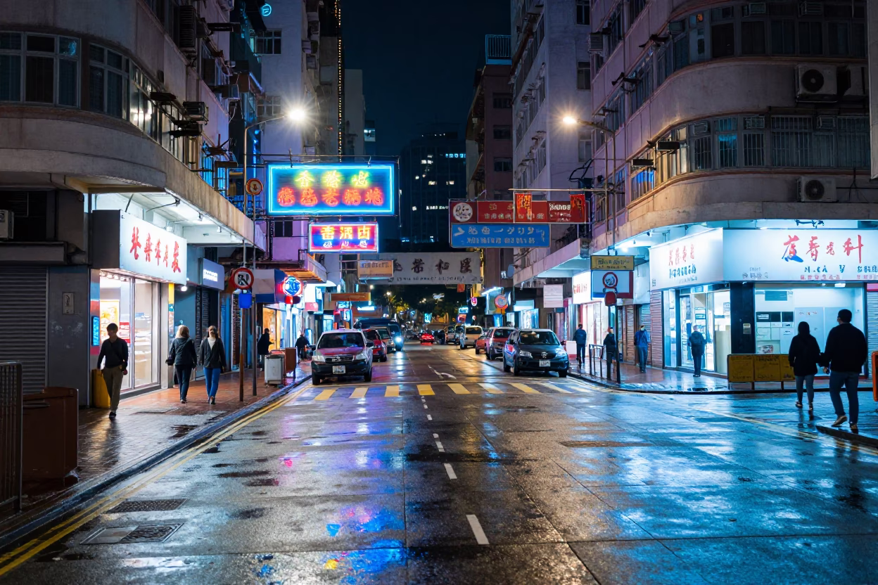 Late Night Hong Kong Street Scene with Neon Signs and Urban Activity at Midnight in in Hong Kong, Hong Kong