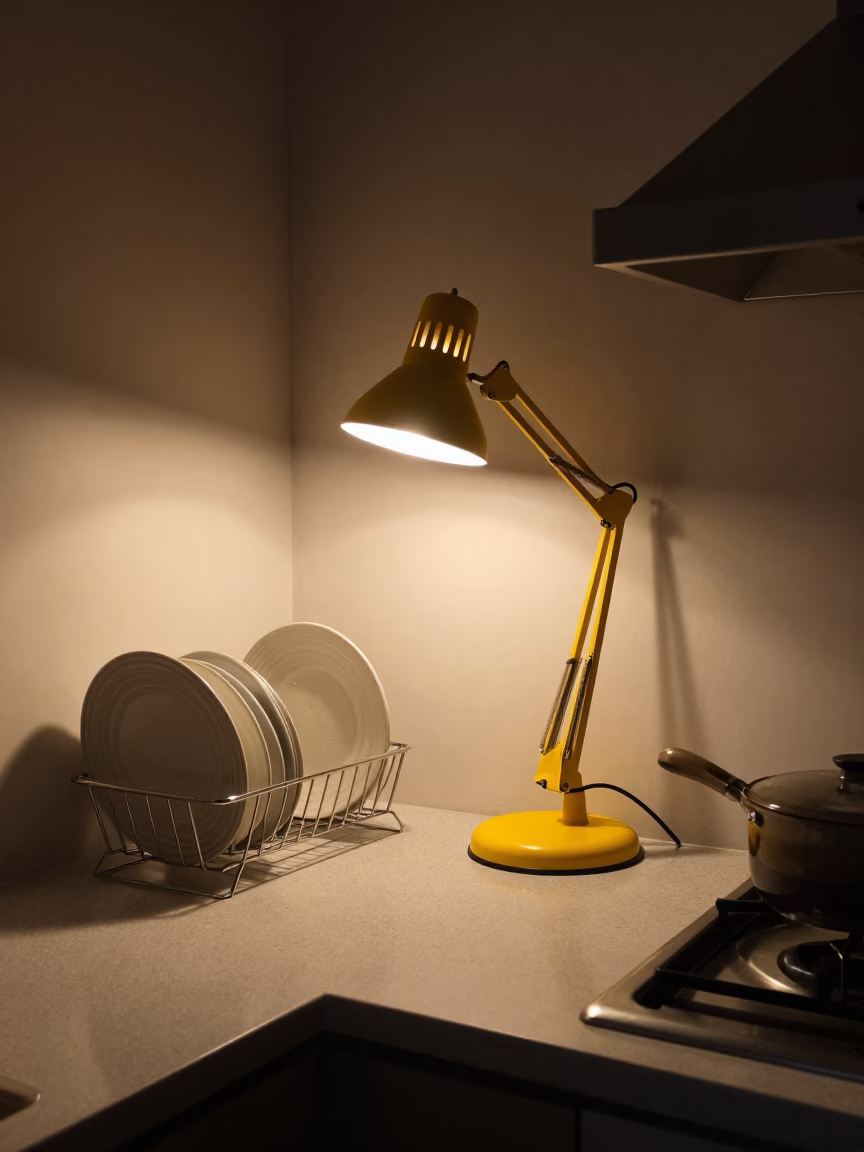 Late Night Hyderabad Kitchen Interior with Desk Lamp and Dish Rack in in Hyderabad, India