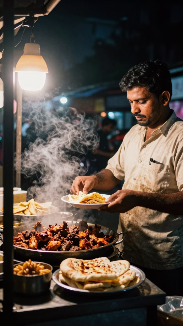 Late Night Hyderabad Street Food Scene with Chicken Shawarma Plate and Busy Traffic in in Hyderabad, India