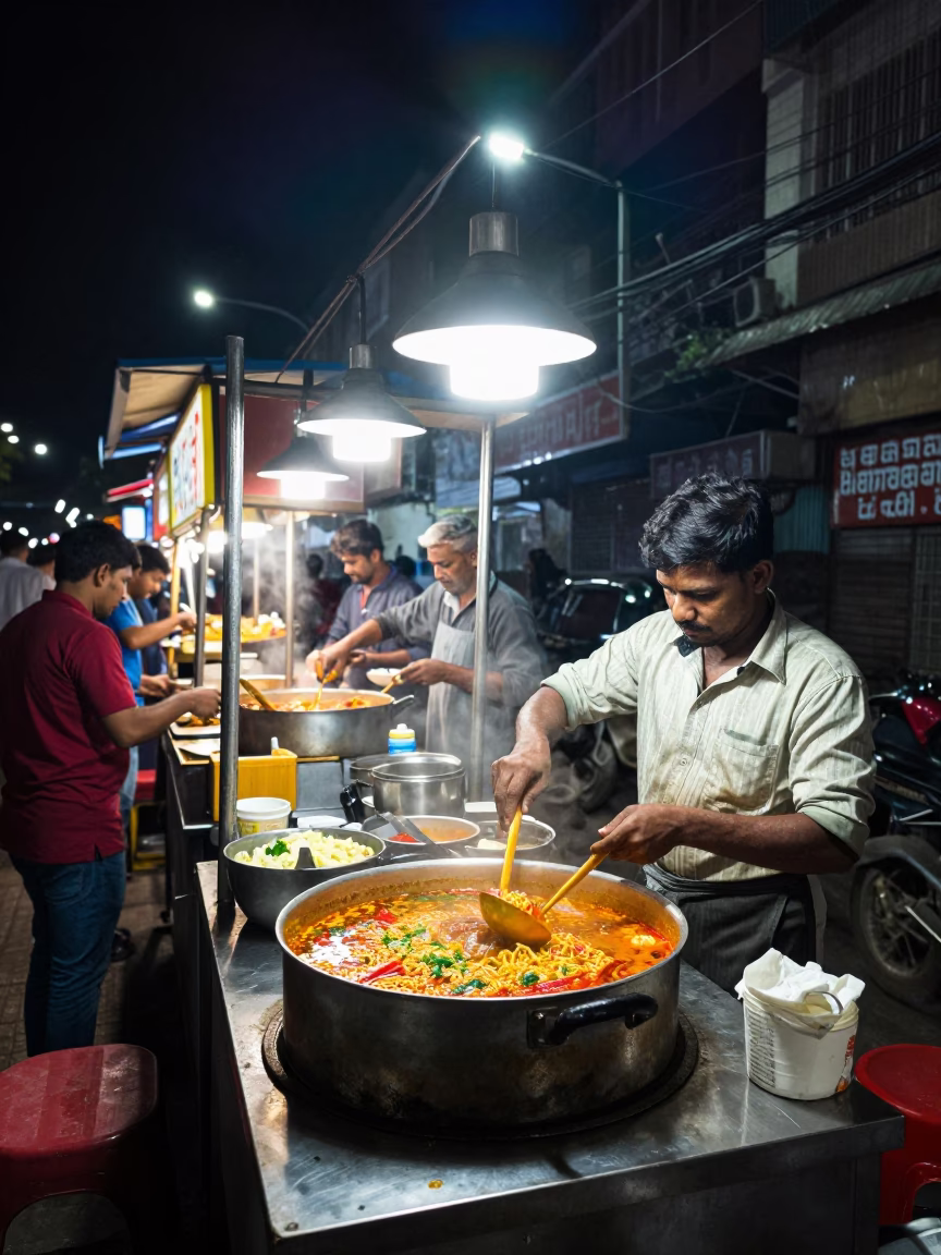 Late Night Hyderabad Street Food Stall with Colorful Ramen and Wooden Tray in in Hyderabad, India