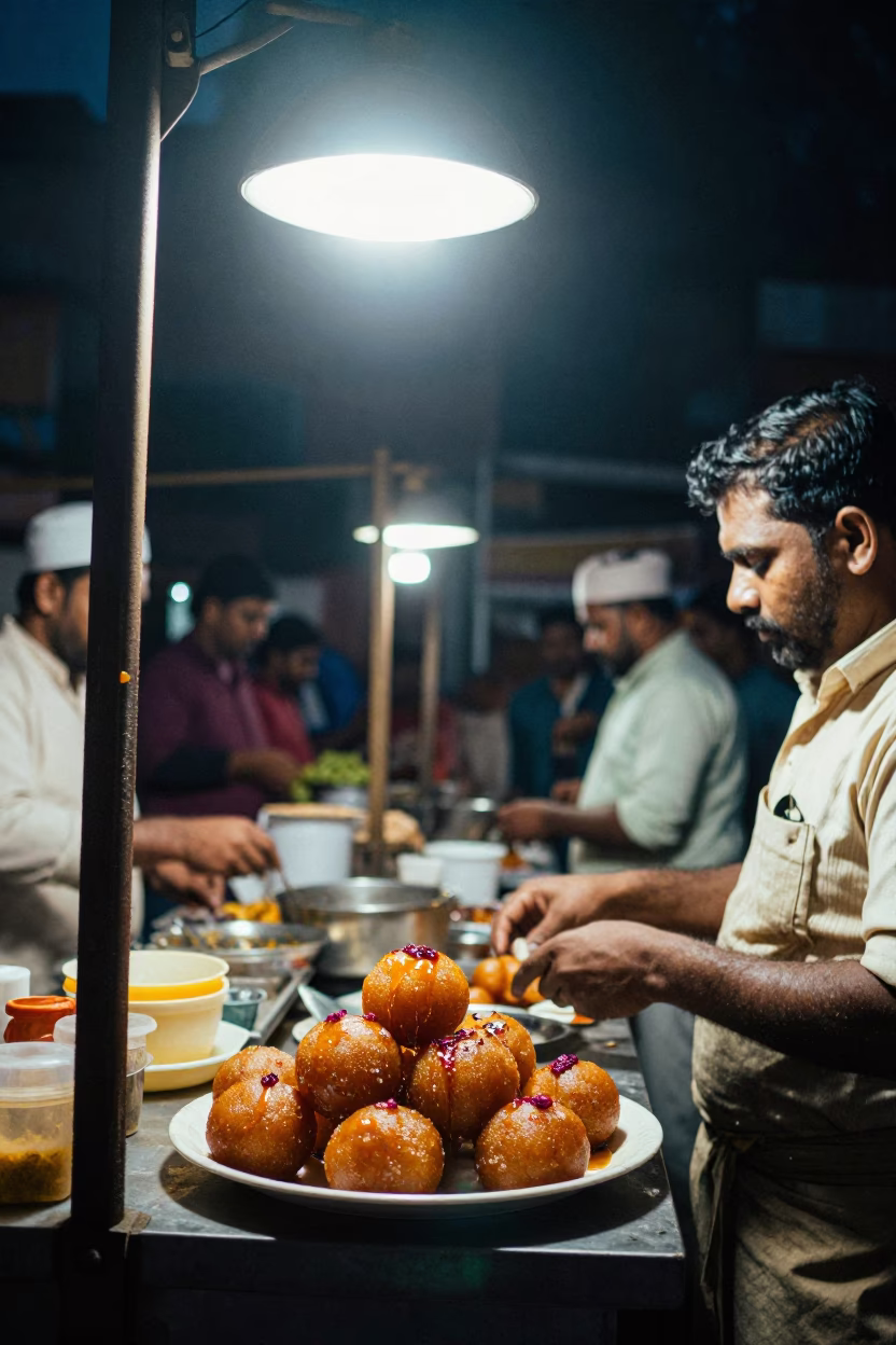 Late Night Hyderabad Street Food Stall with Gulab Jamun and Sugarcane Juice in in Hyderabad, India