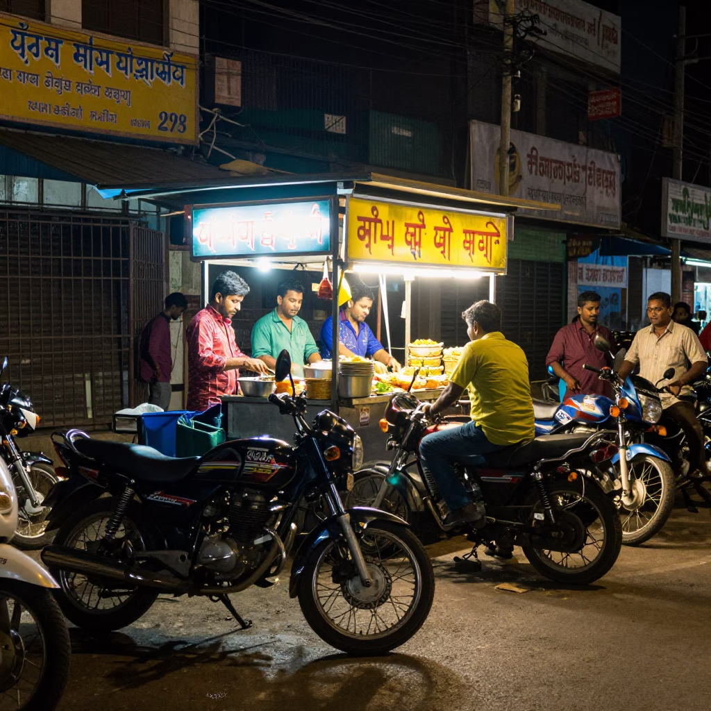 Late Night Hyderabad Street Food Stall with Motorcycles and Ceramic Pots in in Hyderabad, India