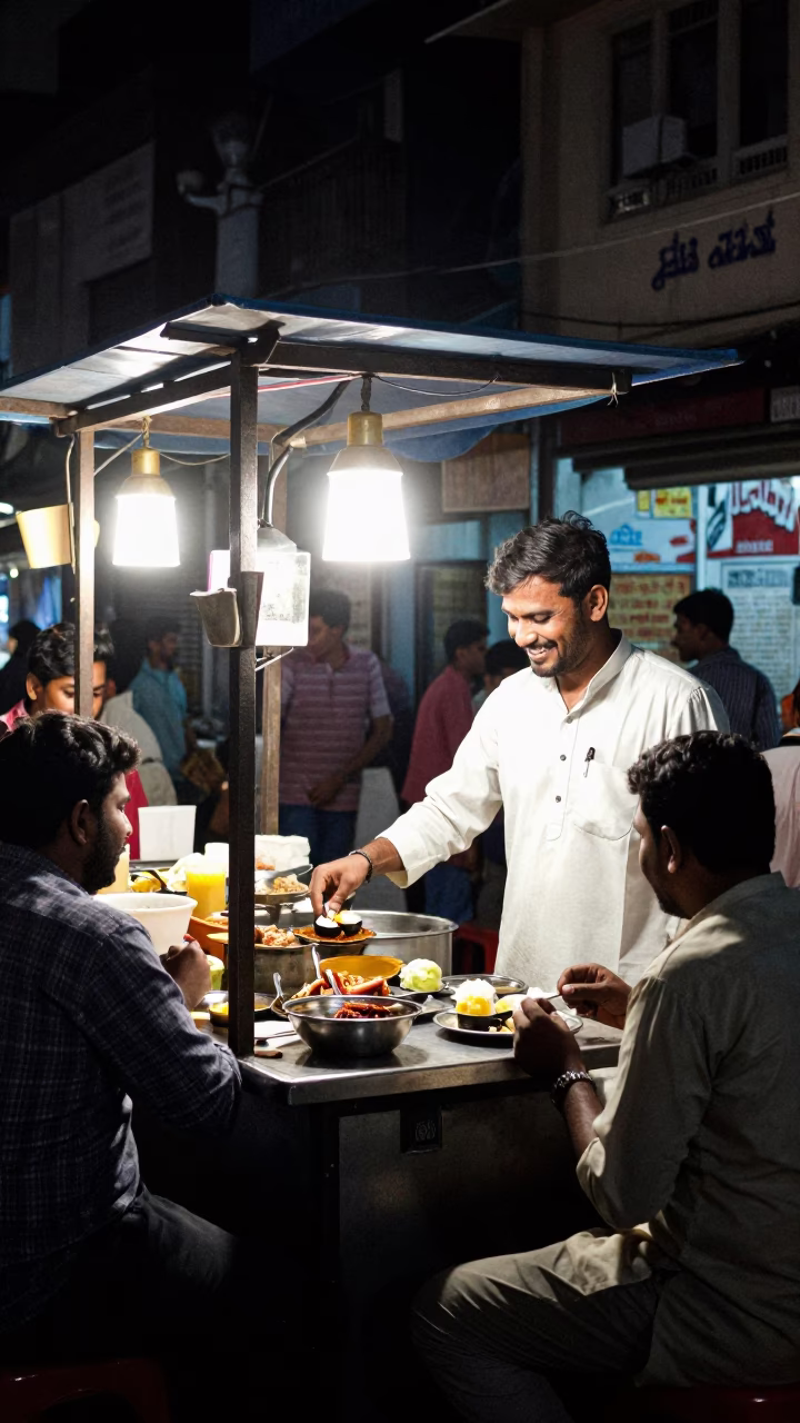 Late Night Hyderabad Street Food Stall with Table Lamps and Cutlery in in Hyderabad, India