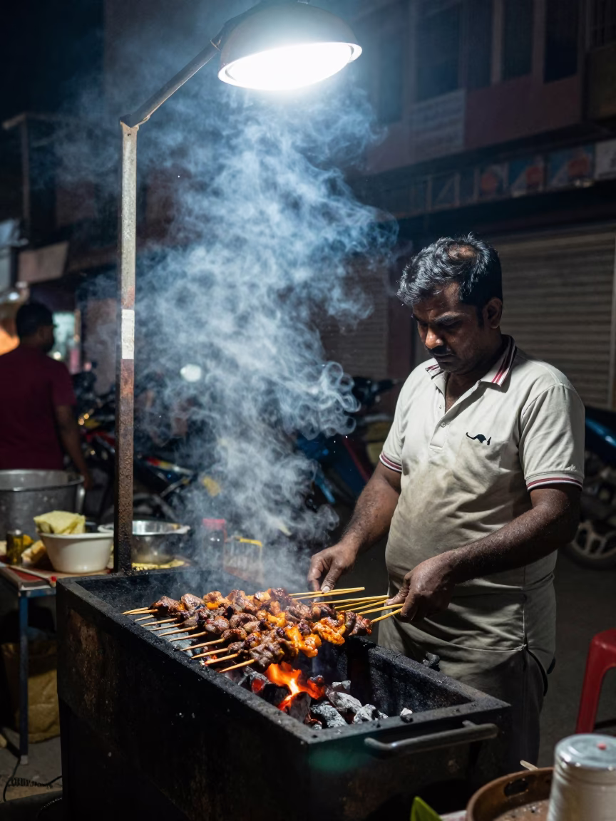 Late Night Hyderabad Street Food Vendor Grilling Spiced Kebabs Over Glowing Coals in in Hyderabad, India