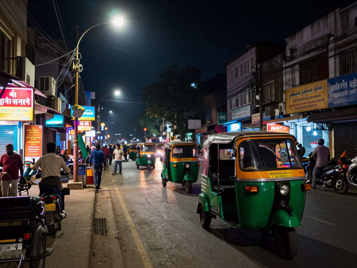 Late Night Hyderabad Street Scene with Auto Rickshaw and Neon Signage in in Hyderabad, India