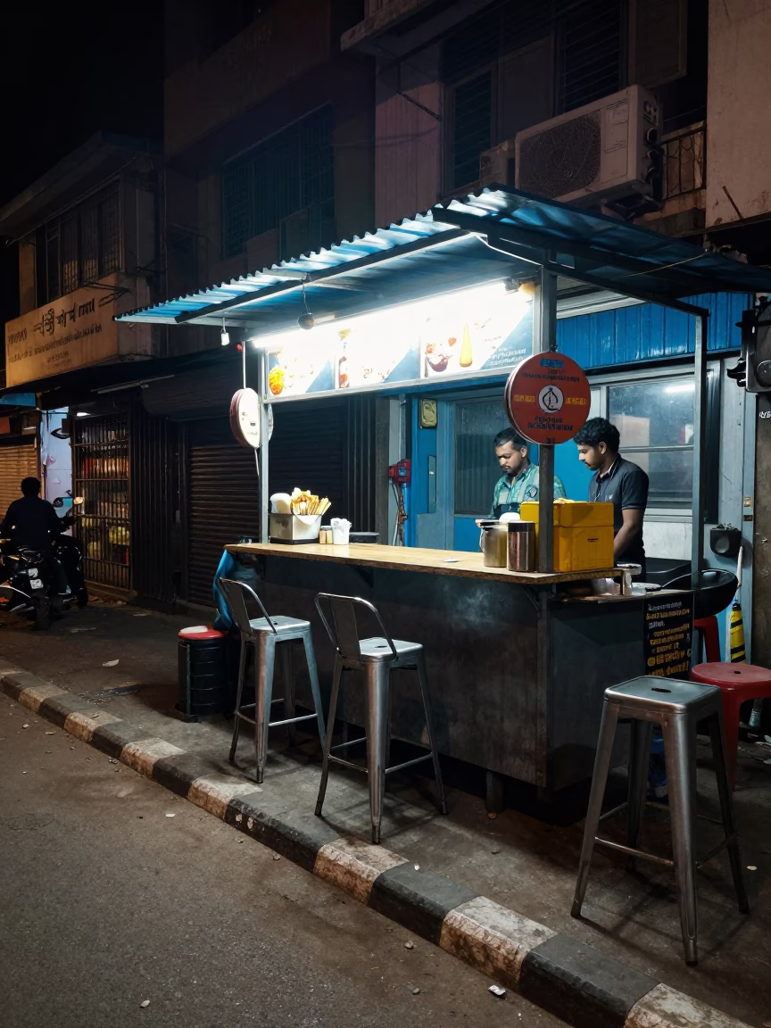 Late Night Hyderabad Street Scene with Bar Stools and Rusty Drain in in Hyderabad, India
