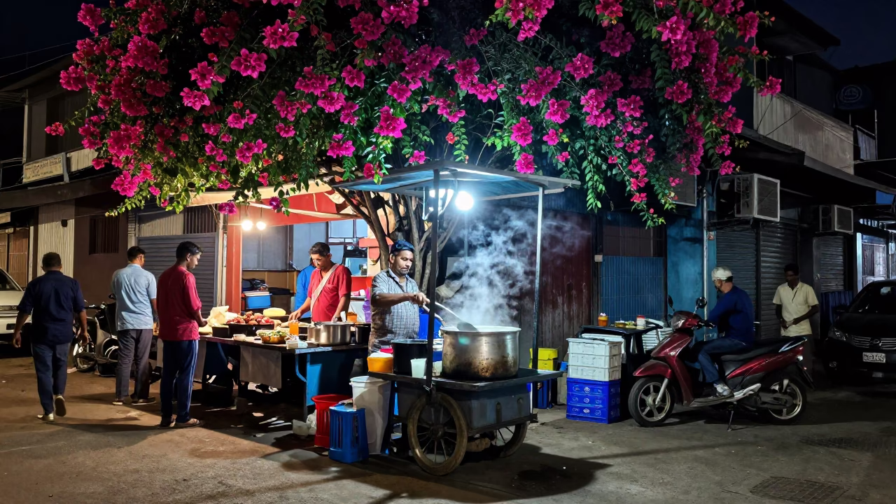 Late Night Hyderabad Street Scene With Bougainvillea And Cooking Pot in in Hyderabad, India