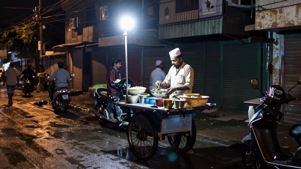 Late Night Hyderabad Street Scene with Bowl of Pho and Soap Residue in in Hyderabad, India