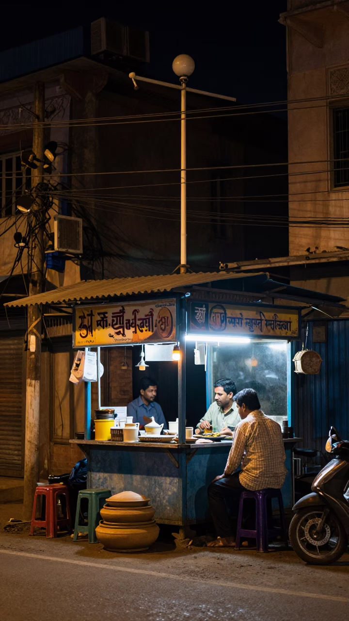 Late Night Hyderabad Street Scene with Ceramic Bowl of Sencha and Weather Station Mast in in Hyderabad, India