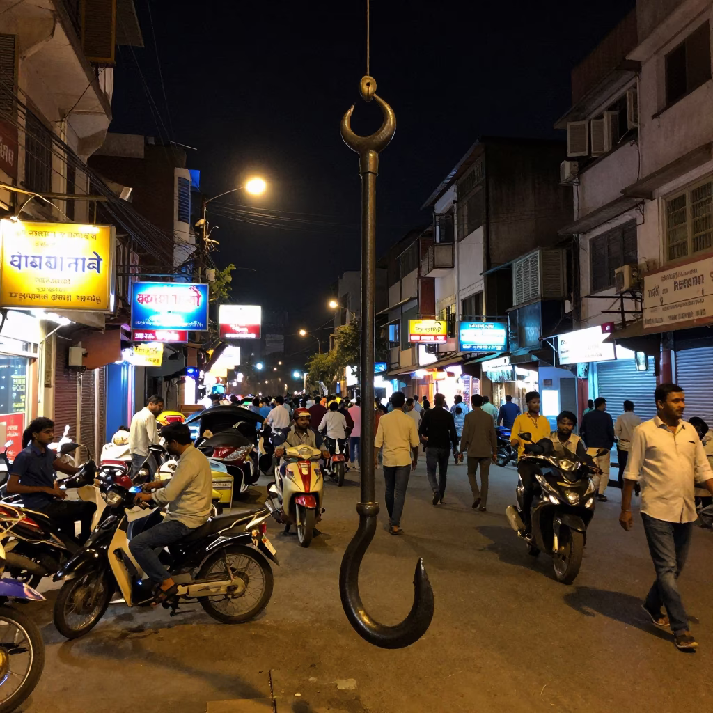 Late Night Hyderabad Street Scene with Iron Hook and Neon Lights in in Hyderabad, India