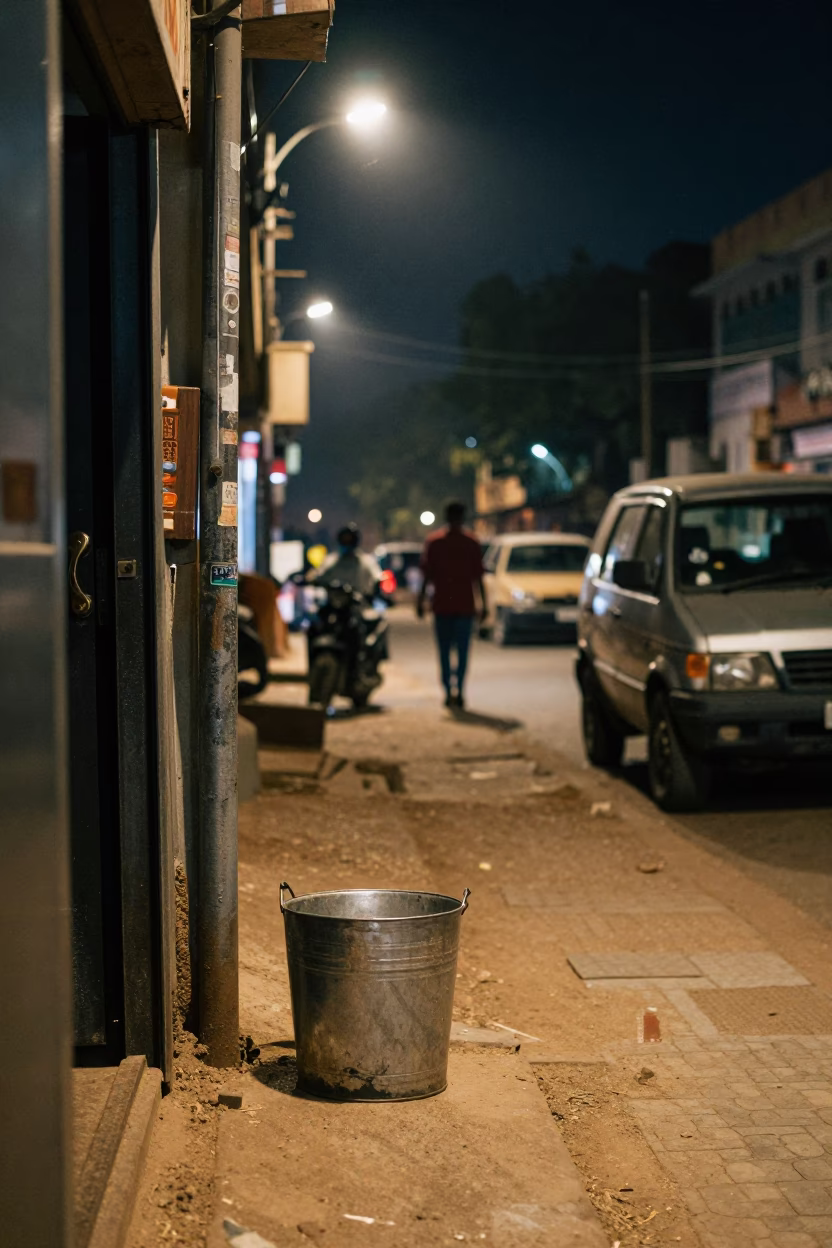 Late Night Hyderabad Street Scene with Metal Bucket and Mailbox in in Hyderabad, India