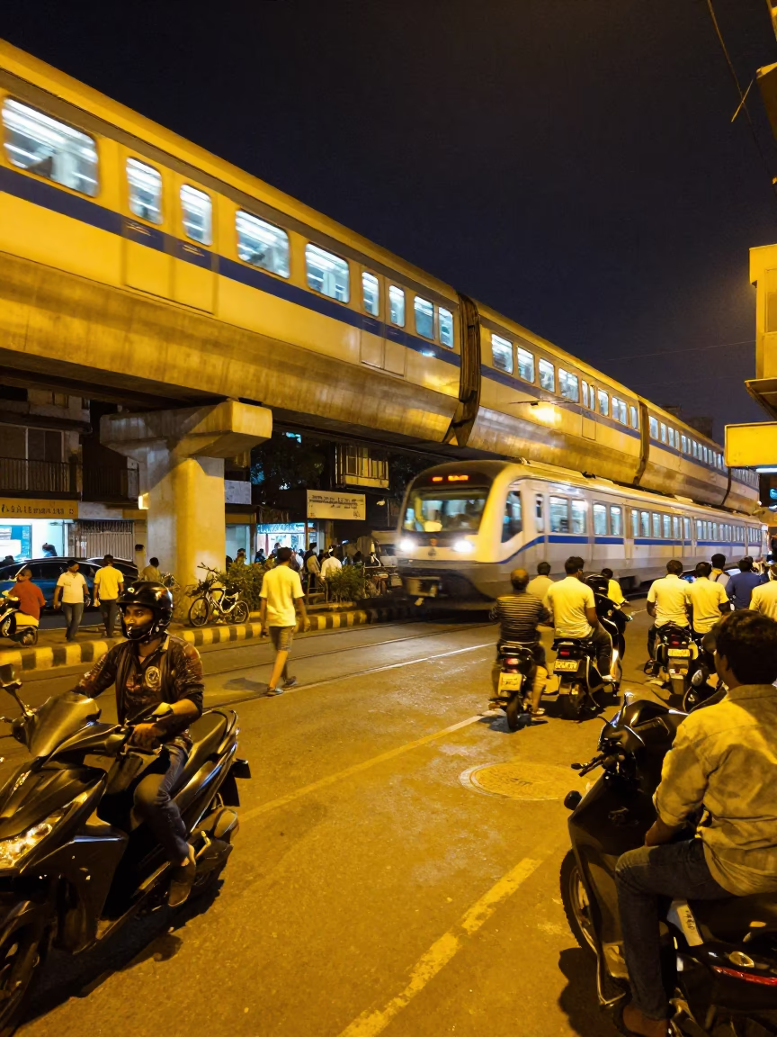 Late Night Hyderabad Street Scene with Monorail and Tea Stall in in Hyderabad, India