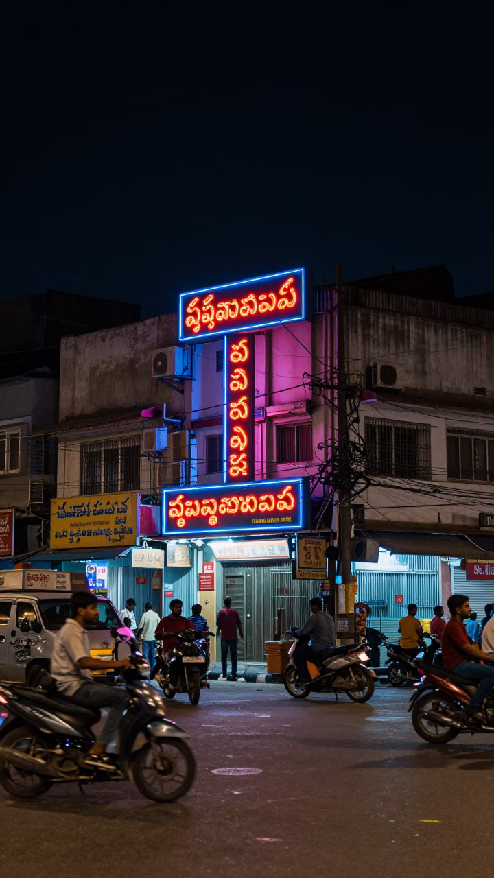 Late Night Hyderabad Street Scene with Neon Lights and Busy Traffic Under Dark Sky in in Hyderabad, India