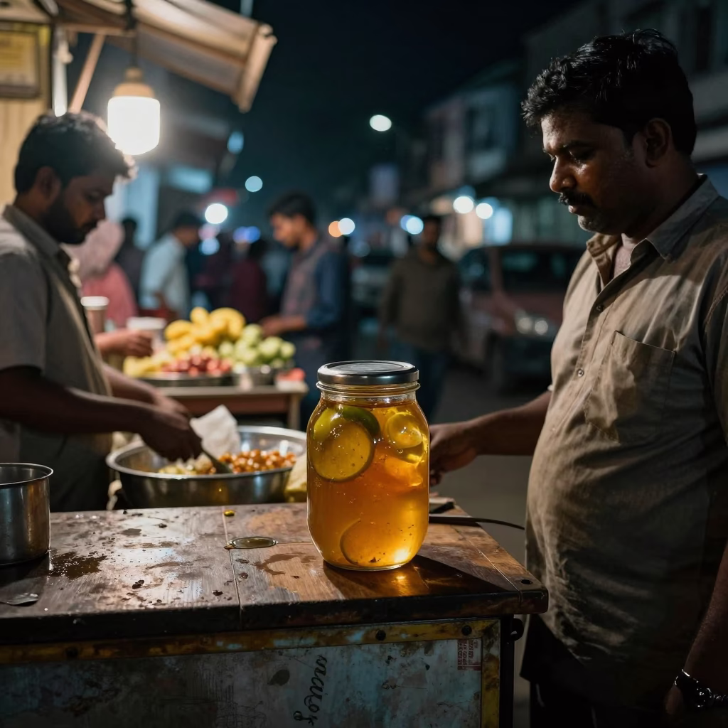 Late Night Hyderabad Street Scene with Pickle Jar and Honey Tray in in Hyderabad, India