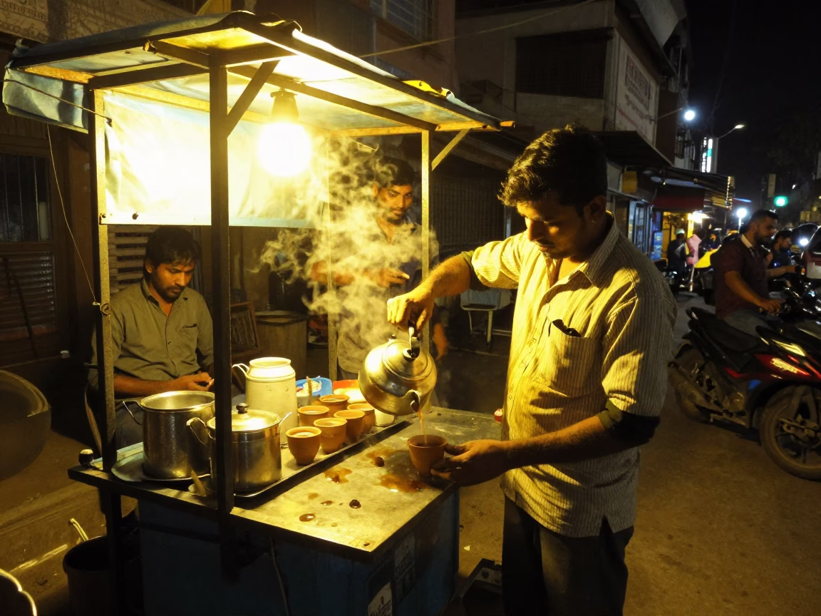 Late Night Hyderabad Street Scene with Tea Stall and Urban Night Life in in Hyderabad, India