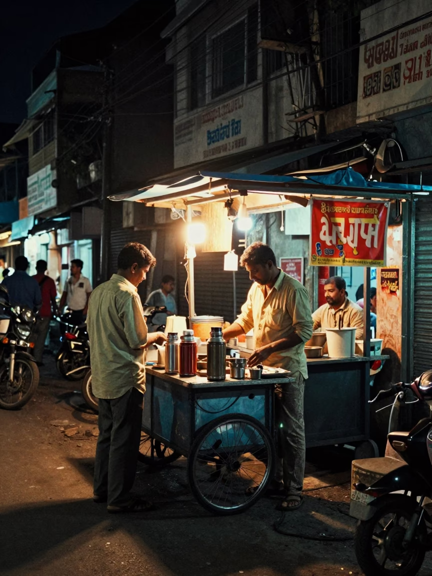 Late Night Hyderabad Street Scene with Thermos and Local Night Market Activity in in Hyderabad, India