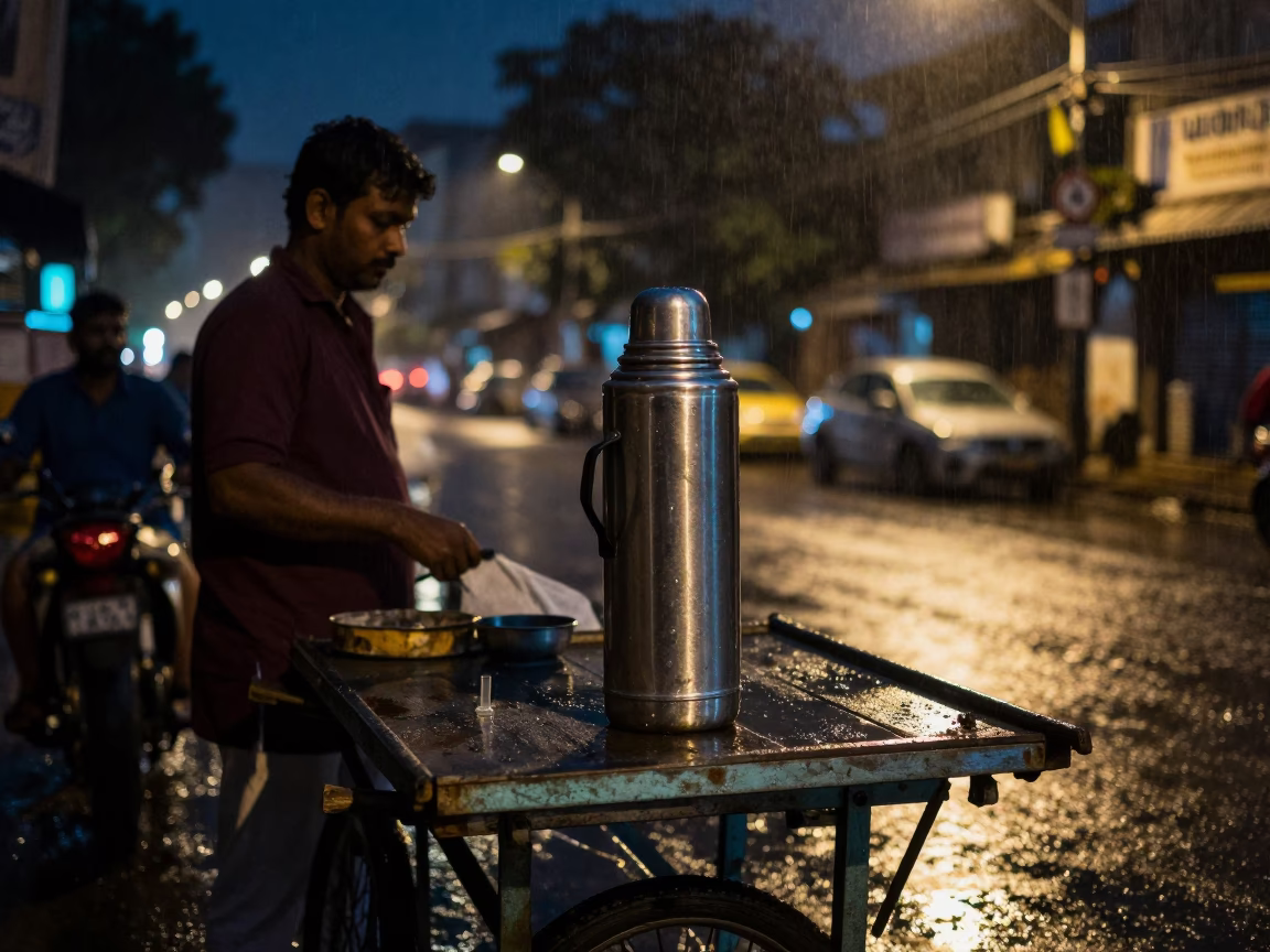 Late Night Hyderabad Street Scene with Thermos and Rain Reflections on Cobblestones in in Hyderabad, India