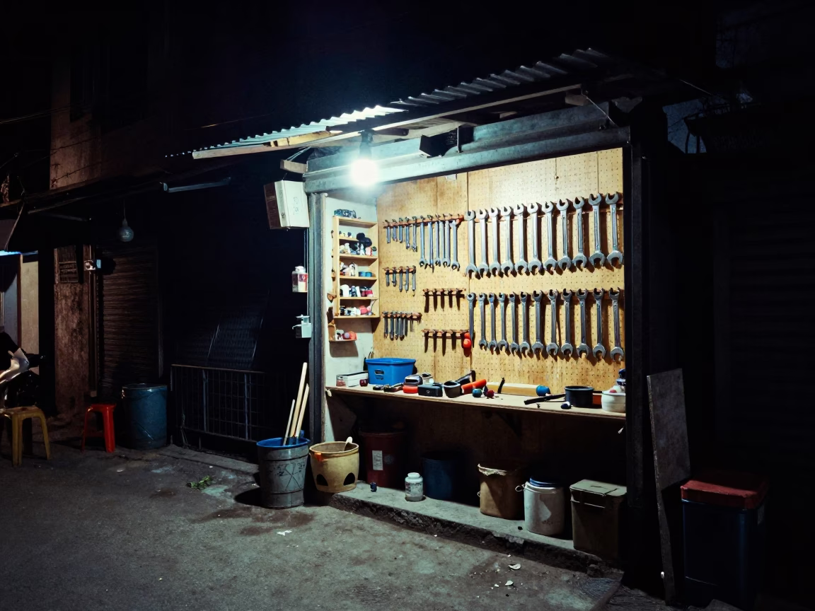Late Night Hyderabad Street Scene With Tool Pegboard and Boot Scraper Outside Shop in in Hyderabad, India
