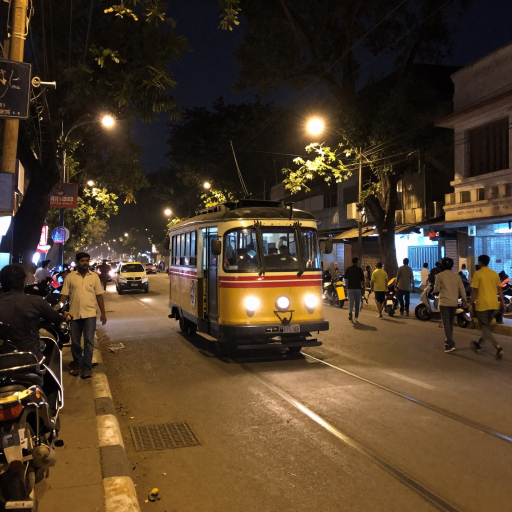 Late Night Hyderabad Street Scene with Vintage Trolley and Busy Market Activity in in Hyderabad, India