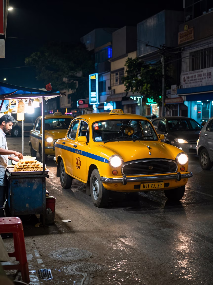 Late Night Hyderabad Street Scene with Yellow Taxi and Kafeh Snack in in Hyderabad, India