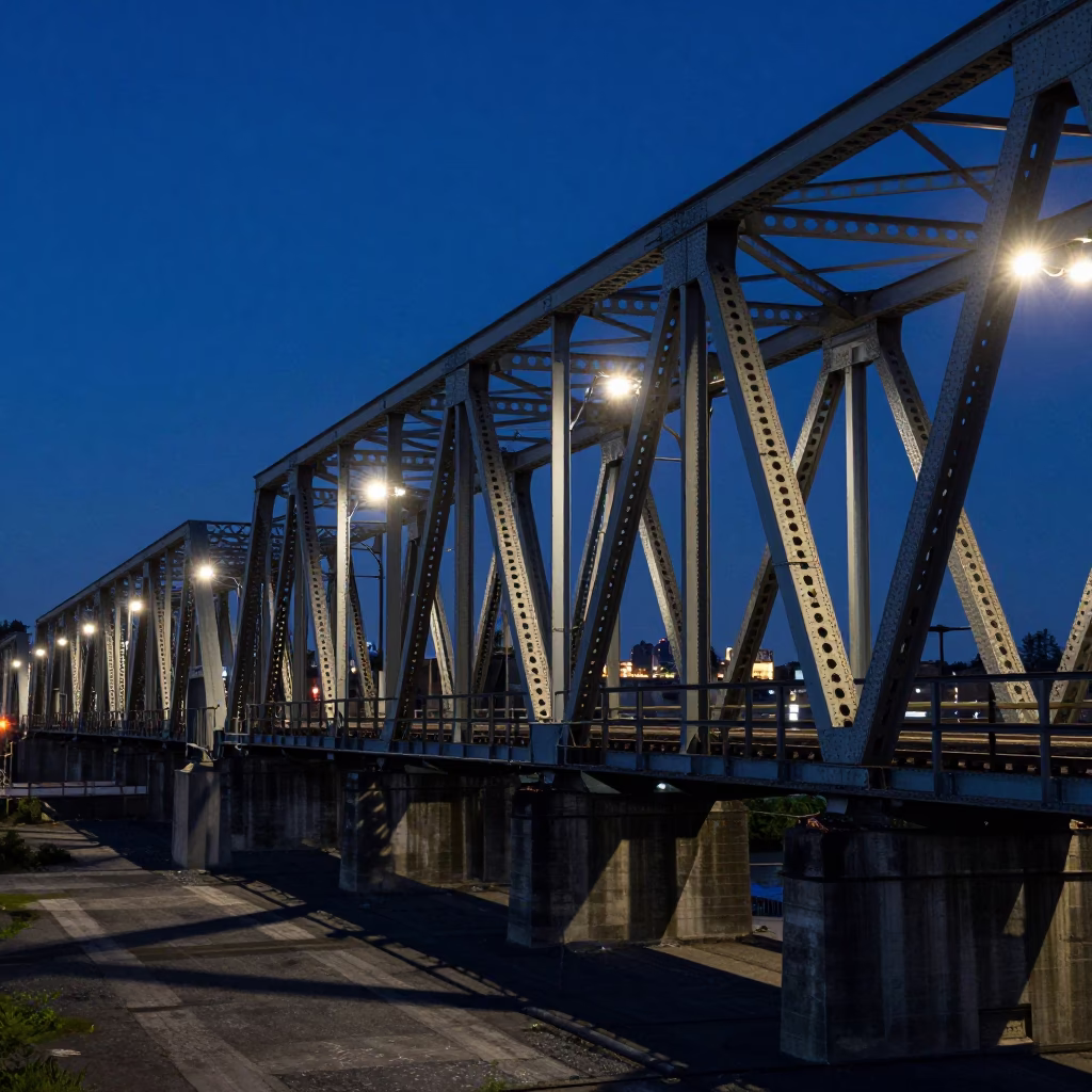 Late Night Industrial Scene on Portland Oregon Railroad Bridge Over Willamette River in in Portland, Oregon, United States