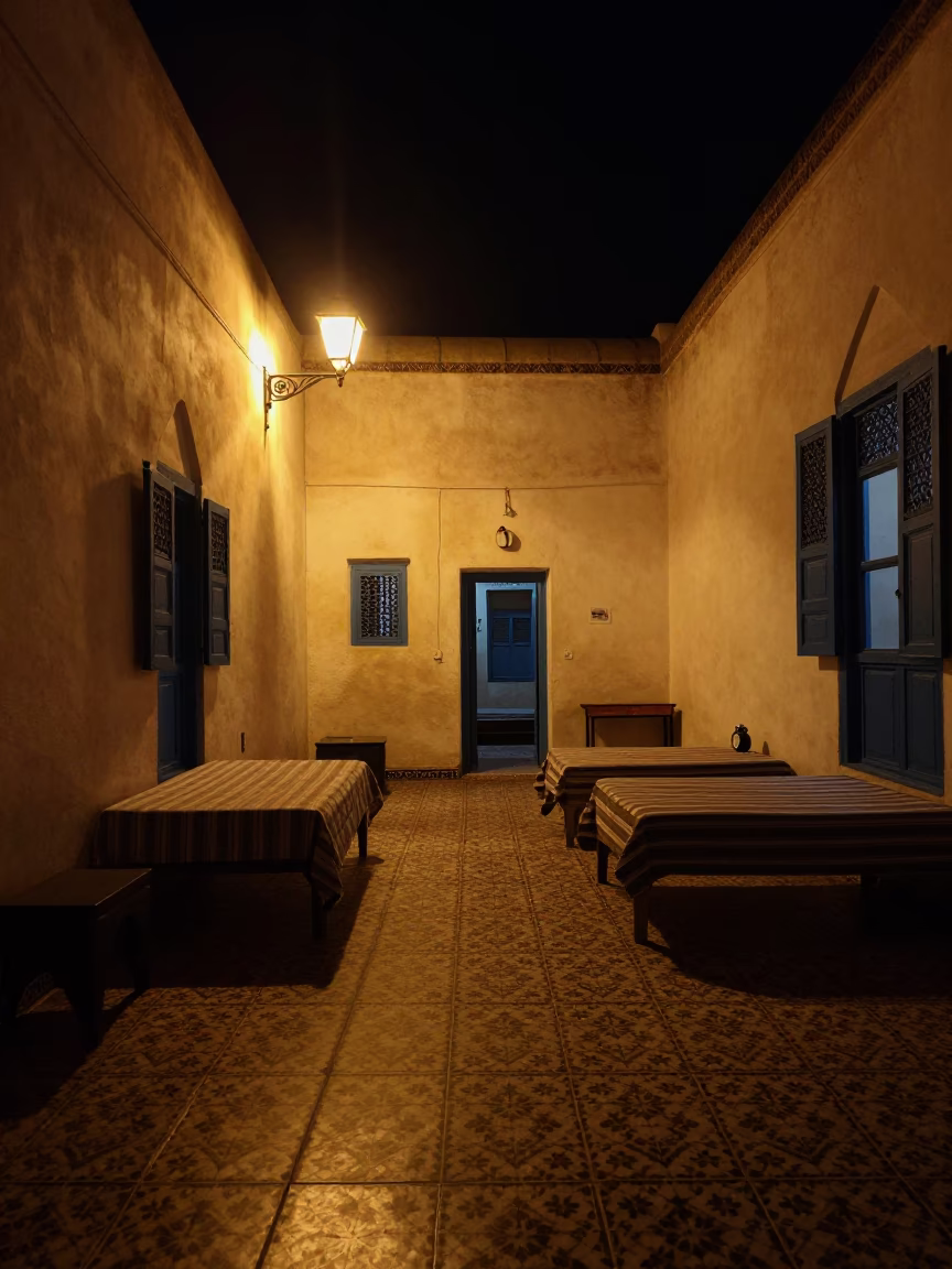Late Night Interior in Tunis Tunisia with Alarm Clock and Hand Towels in in Tunis, Tunisia