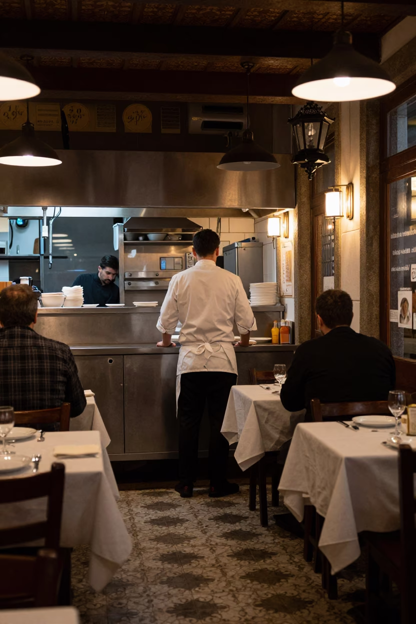 Late Night Interior of Porto Restaurant with Chef and Prepared Dishes in in Porto, Portugal