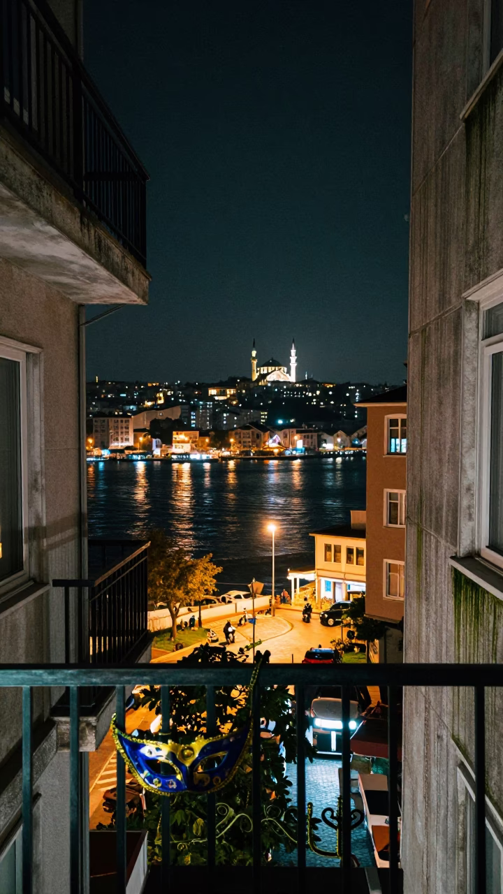 Late Night Istanbul Balcony Scene with Mardi Gras Mask and Cable Car View in in Istanbul, Turkey