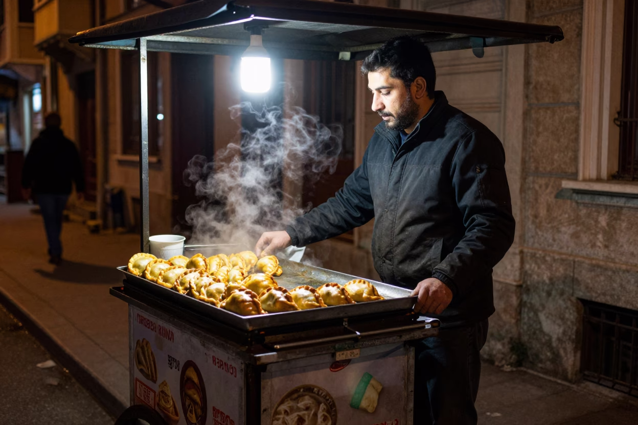 Late Night Istanbul Street Food Vendor Selling Empanadas Under Streetlamp in in Istanbul, Turkey