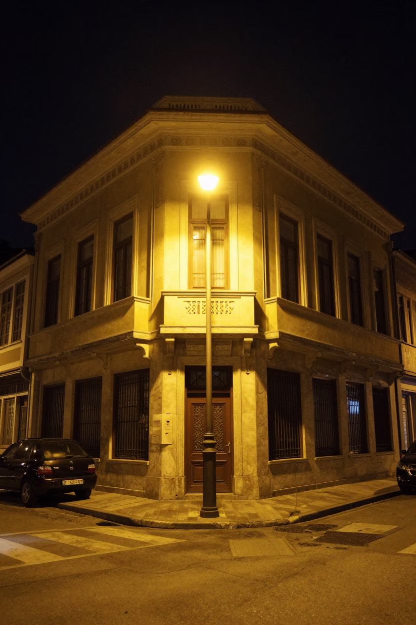 Late Night Istanbul Street Scene with Art Deco Facade and Iron Deadbolt in in Istanbul, Turkey