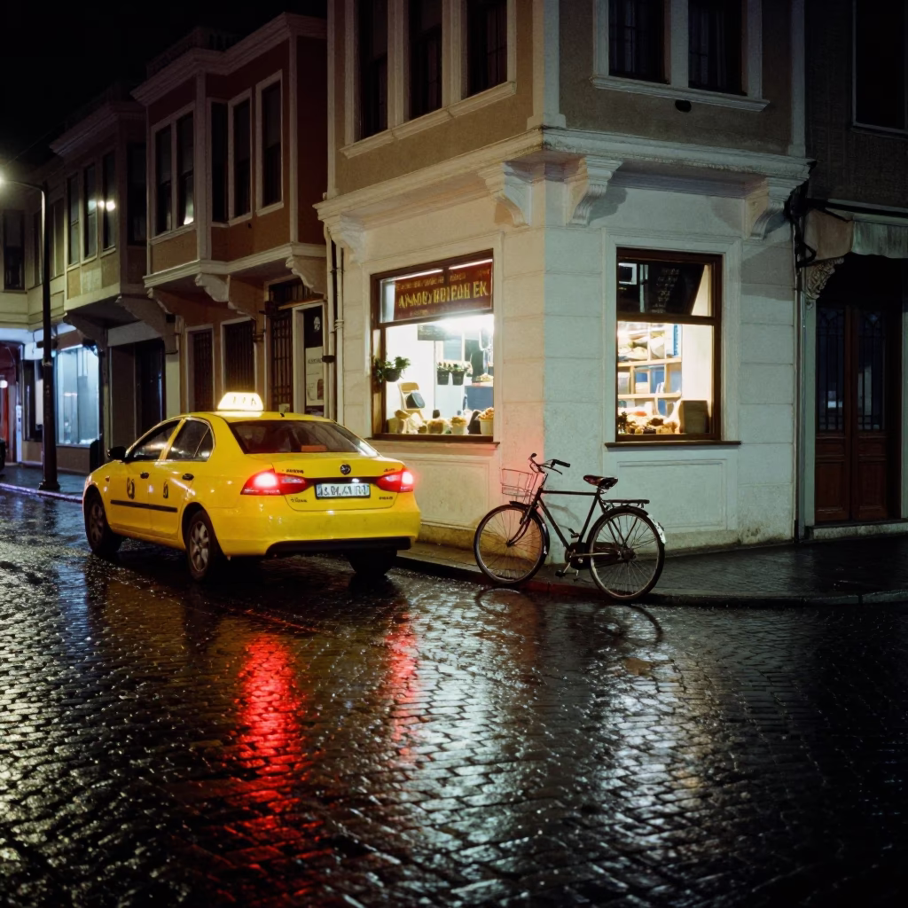 Late Night Istanbul Street Scene with Bicycle and Bakery at Dusk in in Istanbul, Turkey